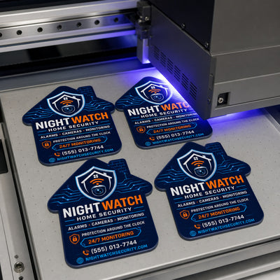 Home Security custom logo bottle opener magnet - close-up of the UV printed logo