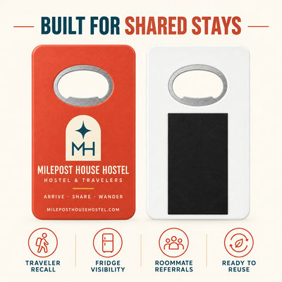 Hostel custom logo bottle opener magnet - front and back of the opener magnet