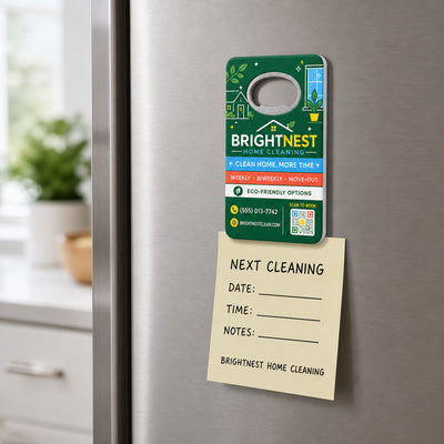 House Cleaning Service custom logo bottle opener magnet - held on a refrigerator door by its magnetic back