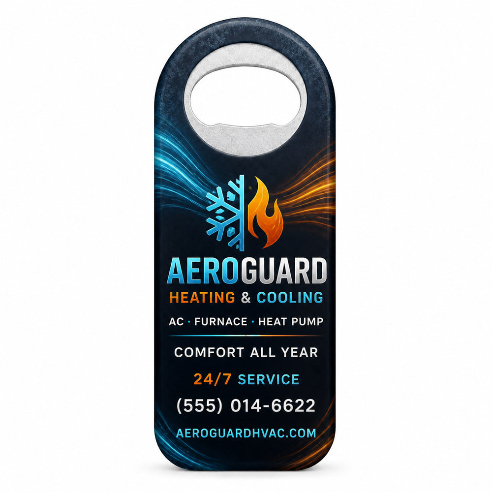HVAC Service custom logo bottle opener magnet - front view of the printed promotional magnet