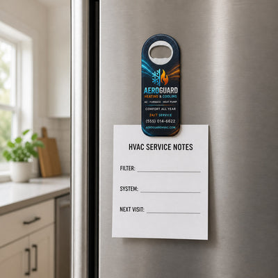 HVAC Service custom logo bottle opener magnet - held on a refrigerator door by its magnetic back