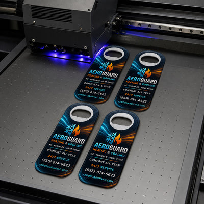 HVAC Service custom logo bottle opener magnet - close-up of the UV printed logo