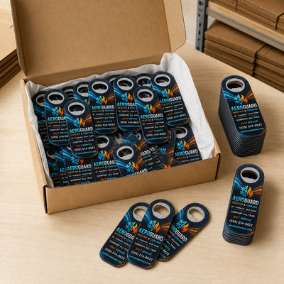 HVAC Service custom logo bottle opener magnet - bulk order laid out before packing
