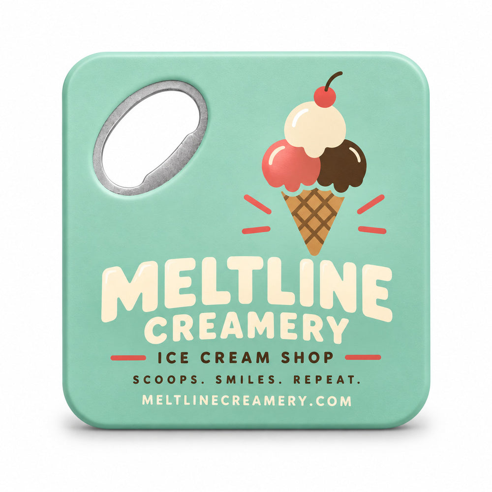 Ice Cream Shop custom logo bottle opener magnet - front view of the printed promotional magnet