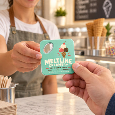 Ice Cream Shop custom logo bottle opener magnet - handed to a customer