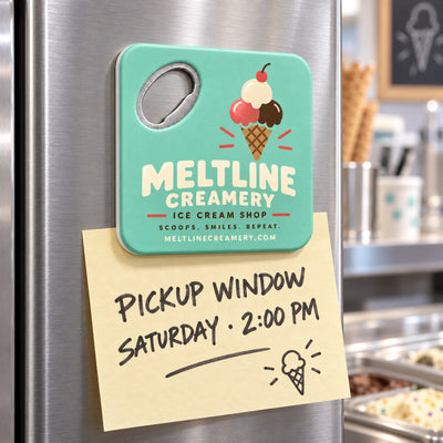 Ice Cream Shop custom logo bottle opener magnet - held on a refrigerator door by its magnetic back