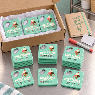 Ice Cream Shop custom logo bottle opener magnet - bulk order laid out before packing