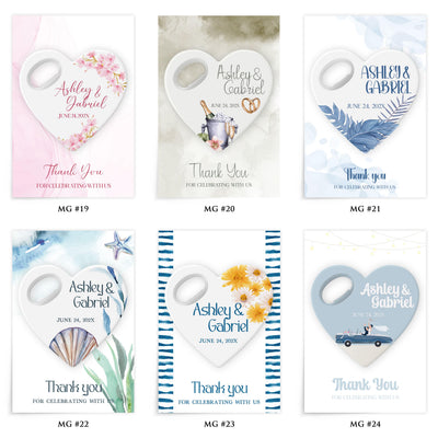 Beach Nautical Heart Shell wedding bottle opener magnet — design catalog 4 of 4: six numbered MG design options
