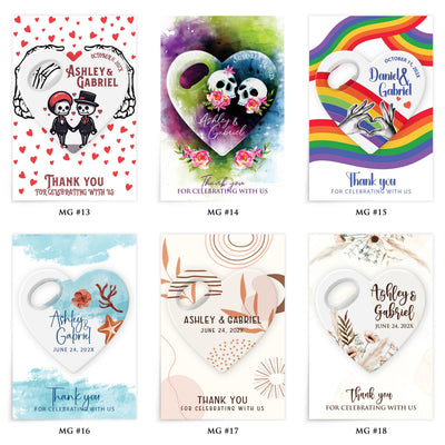 Heart Shape Floral Greenery wedding bottle opener magnet — design catalog 3 of 4: six numbered MG design options