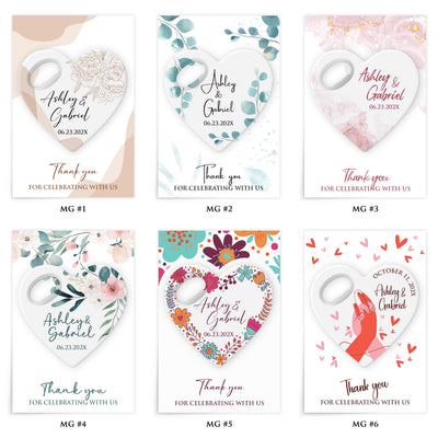 Boho Rustic Heart wedding bottle opener magnet — design catalog 1 of 4: six numbered MG design options