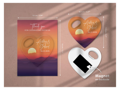 Delicate Floral Heart wedding bottle opener magnet — size guide: 8.3 x 7.8 cm opener, 10 x 14 cm background card, magnet on the reverse