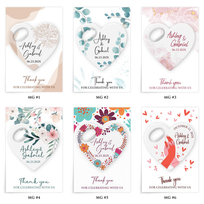 Heart wedding bottle opener magnet — design catalog 1 of 4: six numbered MG design options