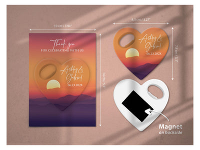 Beach Nautical Heart Seaside wedding bottle opener magnet — size guide: 8.3 x 7.8 cm opener, 10 x 14 cm background card, magnet on the reverse