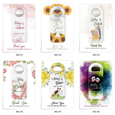 Cat Illustration Animal Lovers wedding bottle opener magnet — design catalog 1 of 4: six numbered MG design options