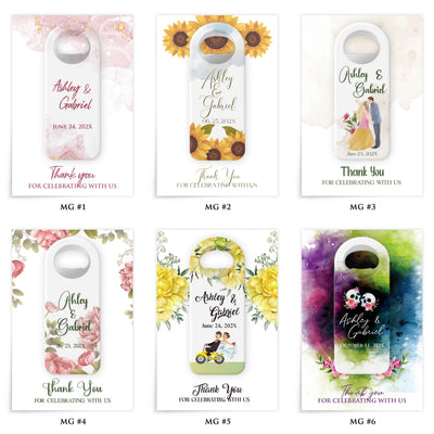 Floral Daisy wedding bottle opener magnet — design catalog 1 of 4: six numbered MG design options