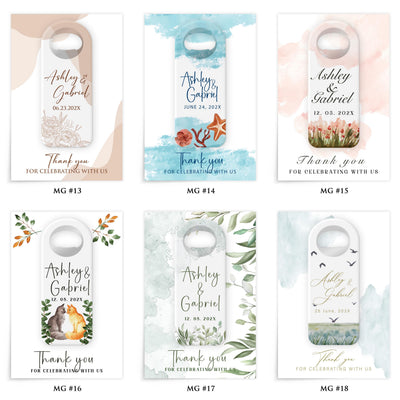 Minimalist wedding bottle opener magnet — design catalog 3 of 4: six numbered MG design options