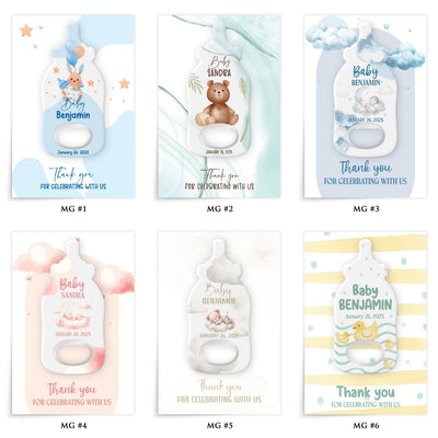 Astronaut Space Theme baby shower bottle opener magnet — design catalog 1 of 4: six numbered MG design options