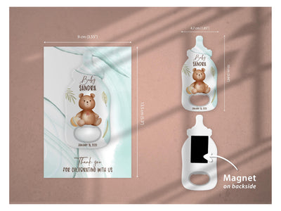 Bear Theme baby shower bottle opener magnet — size guide: 4.7 x 10 cm opener, 9 x 13.5 cm background card, magnet on the reverse