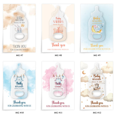 Welcome baby shower bottle opener magnet — design catalog 3 of 4: six numbered MG design options