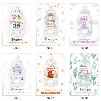 Astronaut Space Theme baby shower bottle opener magnet — design catalog 3 of 4: six numbered MG design options