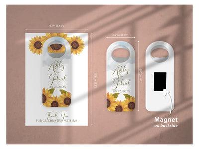 Purple Wisteria wedding bottle opener magnet — size guide: 4.2 x 10.5 cm opener, 9 x 13.5 cm background card, magnet on the reverse