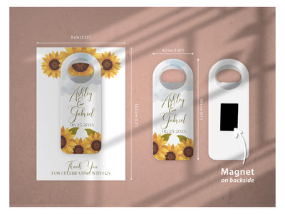 Greenery Modern wedding bottle opener magnet — size guide: 4.2 x 10.5 cm opener, 9 x 13.5 cm background card, magnet on the reverse