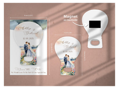 Balloon Shape save the date bottle opener magnet — size guide: 7.2 x 10.6 cm opener, 9 x 13.5 cm background card, magnet on the reverse