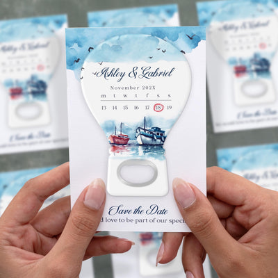 Nautical Hot Air Balloon Seaside save the date bottle opener magnet shown in hand on its printed background card