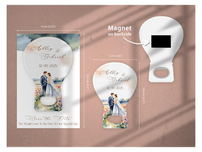 Day of the Dead Skeleton Couple wedding bottle opener magnet — size guide: 7.2 x 10.6 cm opener, 9 x 13.5 cm background card, magnet on the reverse