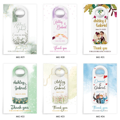 Elegant Floral Names wedding bottle opener magnet — design catalog 4 of 4: six numbered MG design options