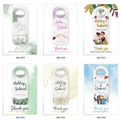 Modern Event wedding bottle opener magnet — design catalog 4 of 4: six numbered MG design options