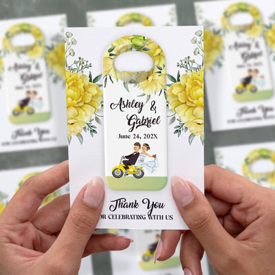 Lemon Floral Getaway Car wedding bottle opener magnet shown in hand on its printed background card