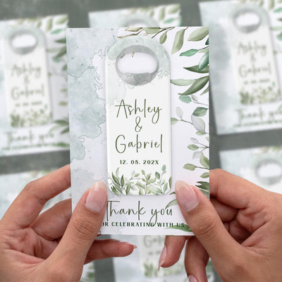 Greenery Modern wedding bottle opener magnet shown in hand on its printed background card