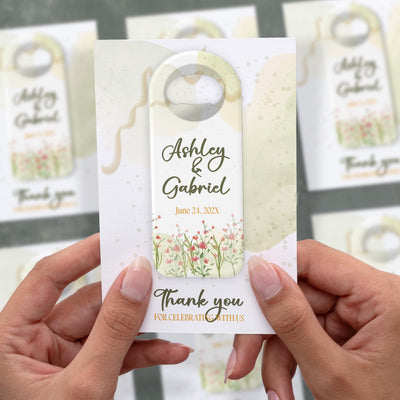 Yellow Wildflower wedding bottle opener magnet shown in hand on its printed background card