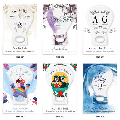 Winter Marriage save the date bottle opener magnet — design catalog 4 of 4: six numbered MG design options