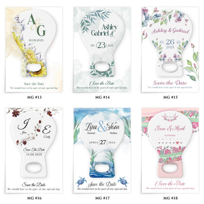 Light Bulb wedding bottle opener magnet — design catalog 3 of 4: six numbered MG design options