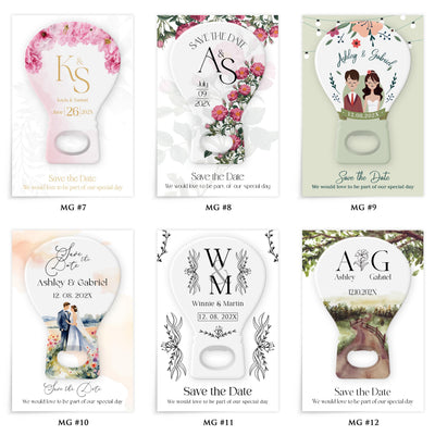 Balloon Shape save the date bottle opener magnet — design catalog 2 of 4: six numbered MG design options