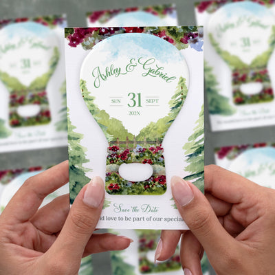 Watercolor Hot Air Balloon save the date bottle opener magnet shown in hand on its printed background card