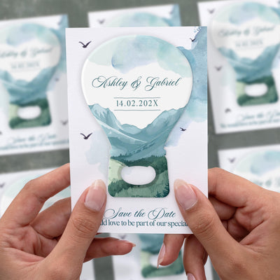 Hot Air Balloon save the date bottle opener magnet shown in hand on its printed background card