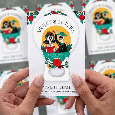 Day of the Dead Skeleton Couple wedding bottle opener magnet shown in hand on its printed background card