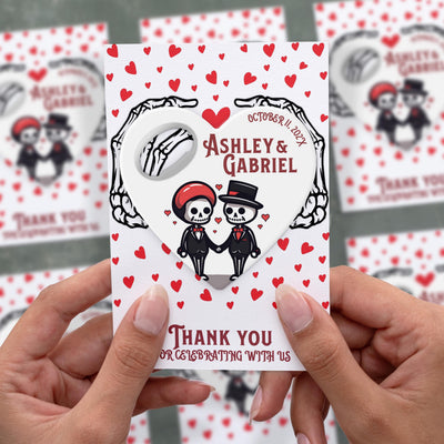 Till Death Do Us Part wedding bottle opener magnet shown in hand on its printed background card
