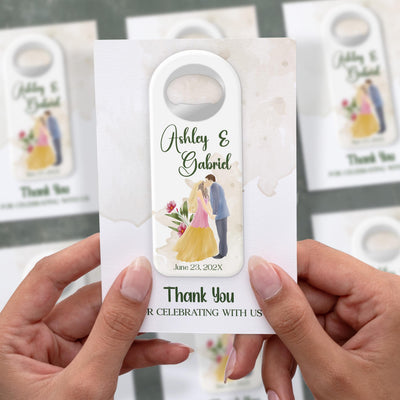 Illustrated Couple wedding bottle opener magnet shown in hand on its printed background card