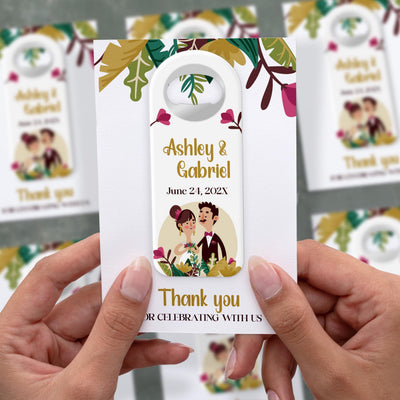 Couple Illustration wedding bottle opener magnet shown in hand on its printed background card
