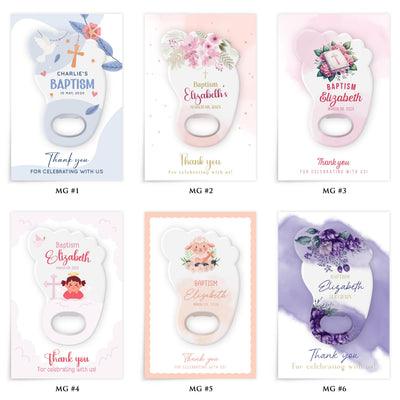 Blush Floral Arch baptism bottle opener magnet — design catalog 1 of 4: six numbered MG design options