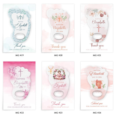 Blush Floral Arch baptism bottle opener magnet — design catalog 4 of 4: six numbered MG design options