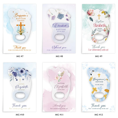 Footprint Floral baptism bottle opener magnet — design catalog 2 of 4: six numbered MG design options