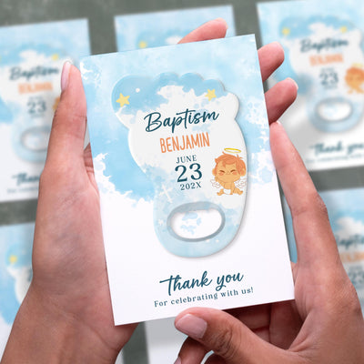 Boy Blue Watercolor Footprint baptism bottle opener magnet shown in hand on its printed background card