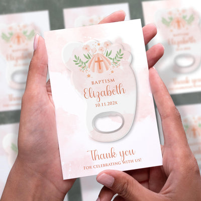 Foot Shape Floral baptism bottle opener magnet shown in hand on its printed background card