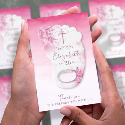 Pink Watercolor Footprint Name baptism bottle opener magnet shown in hand on its printed background card