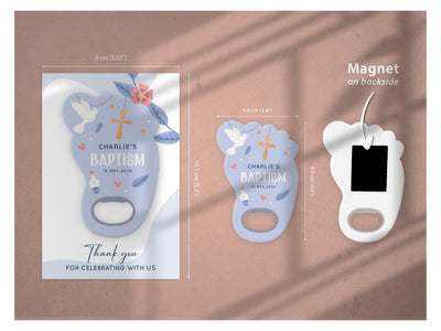 Blush Floral Arch baptism bottle opener magnet — size guide: 6.6 x 9.9 cm opener, 9 x 13.5 cm background card, magnet on the reverse